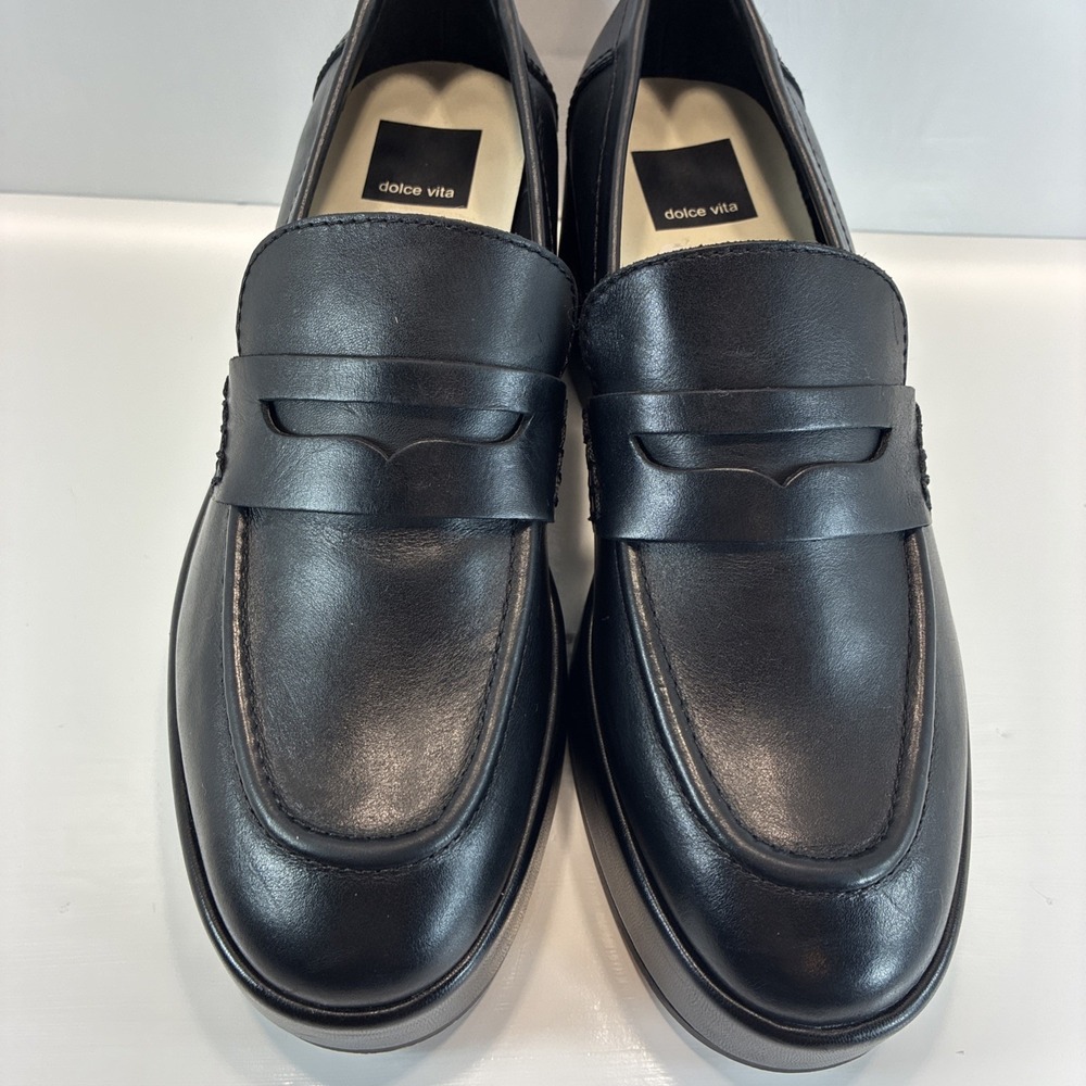 Women's 7.5 Shoes Dolce Vita Black Leather Yanni Platform Penny Loafers Mint - Picture 5 of 15